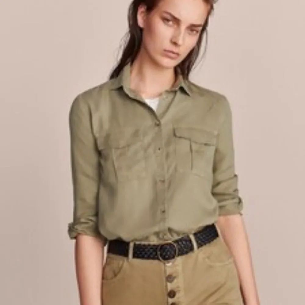 Massimo Dutti Long Sleeve Button Down Utility Shirt In Army Green Size L